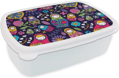 Broodtrommel Wit - Lunchbox - Brooddoos - Matroesjka - Rusland - Bloemen - 18x12x6 cm - Volwassenen