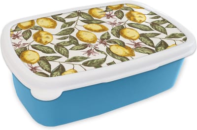 Broodtrommel Blauw - Lunchbox - Brooddoos - Patroon - Bloemen - Citroenen - Citrus - 18x12x6 cm - Kinderen - Jongen