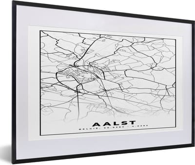 Fotolijst incl. Poster Zwart Wit- Stadskaart – Plattegrond – België – Zwart Wit – Aalst – Kaart - 60x40 cm - Posterlijst