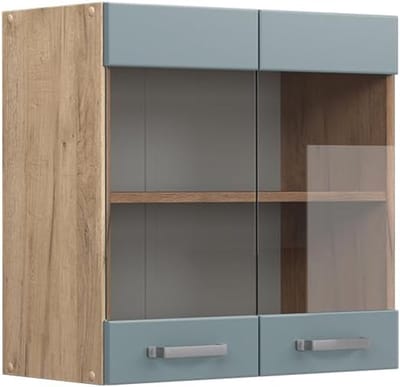Keuken Hangkast - Servieskast Glas - Keuken Opbergen - Modulair Systeem - 60 cm Breed - Blauwgrijs Eiken