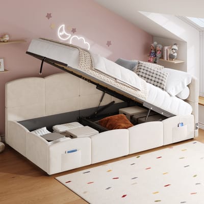 DESMIU Gestoffeerd Bed 90x200 Cm - Opbergbed Met Hydraulische Verhoging En Trekband - Slaapbank Met Opbergvakken En Oplaadpoorten - Voor Jeugd En Volwassenen - Fluweel - Beige Zonder Matras
