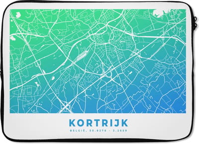 Laptophoes 14 inch - Stadskart - België - Kortrijk - Blauw - Laptop sleeve - Binnenmaat 33x23 cm - Zwarte achterkant