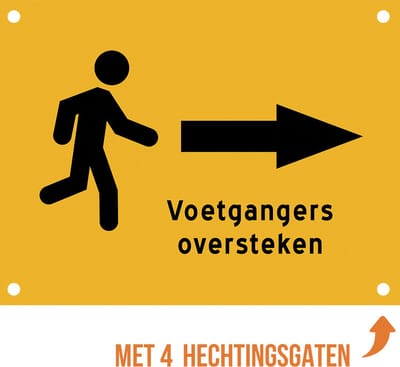 Pictogram/ bord Dibond + boorgaten | "Voetgangers oversteken" - pijl naar rechts | 36 x 27 cm | Oranje | Schoolomgeving | Opgelet | Werken aan de weg | Wegomlegging | Kinderen | School | Omleiding | Wegenwerken | 1 stuk