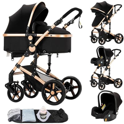 Brandistry - 3 in 1 kinderwagen - Kinderwagen - Maxi Cosi - Wandelwagen - Lichtgewicht - Regenhoes - Zonder Patroon - Zwart