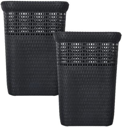 5Five Wasmand met deksel Rotan - 2x - antraciet - gevlochten kunststof - 60 liter - 42 x 33 x 57 cm