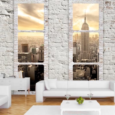 98cm X 70cm - Zelfklevend fotobehang -  New York achter witte ramen  , Premium Print
