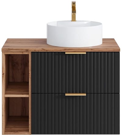 Vente-unique Zwevend geribbeld badkamermeubel met nissen en ronde opbouwwastafel - Zwart en licht naturel - L80 cm - ZEVARA