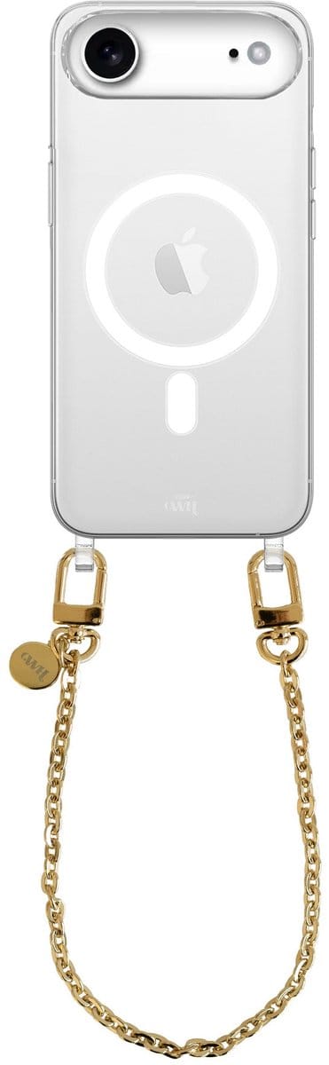 xoxo Wildhearts magnetisch hoesje geschikt voor iPhone 17 Air MagSafe - Dreamy - Transparant telefoonhoesje met koord - Telefoonkoord - Gouden schakelketting - Kort koord
