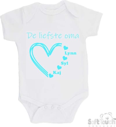 100% katoenen Romper "De liefste oma met de namen van 3 kleinkinderen" Unisex Katoen Wit/aquablauw Maat 56/62