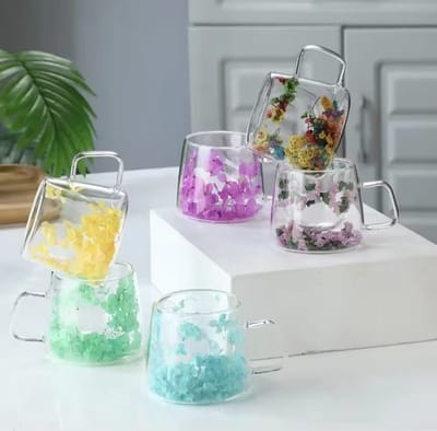 6 Unieke handgemaakte dubbelwand Koffie en Theeglazen met gedroogde bloemen - 160ml - Latte Macchiato Glazen - Cappuccino Glazen - Koffieglazen