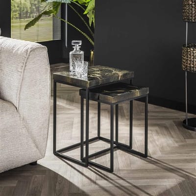 Dimehouse Set van 2 Rechthoekige Bijzettafels Minette Zwart Goud Teakhout - 47 x 34 x 56 cm - Hout - Design - Rechthoek