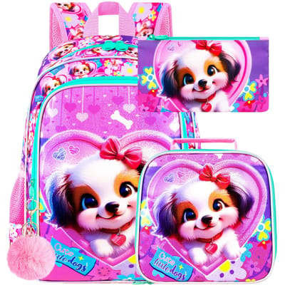 3 STuks Hond Rugzak voor Meisjes, Waterbestendig Kinder Boekentas Set met Lunchbox, Leuke Schooltas voor Peuters op de Peuterschool - Hart Hond purple