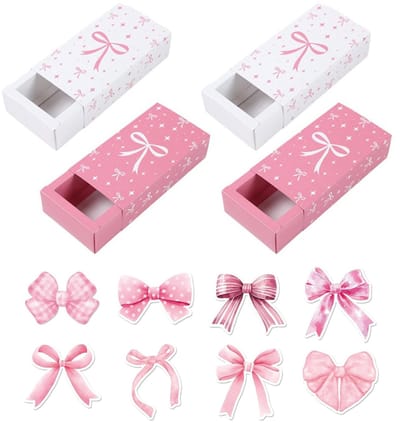 Dailygoods - Set van 4 opvouwbare geschenkdozen met linten, bedankkaartjes en 8 stickers - Roze cadeauverpakking voor verjaardagen en bruiloften | Verjaardagscadeau, Roze geschenkdoos