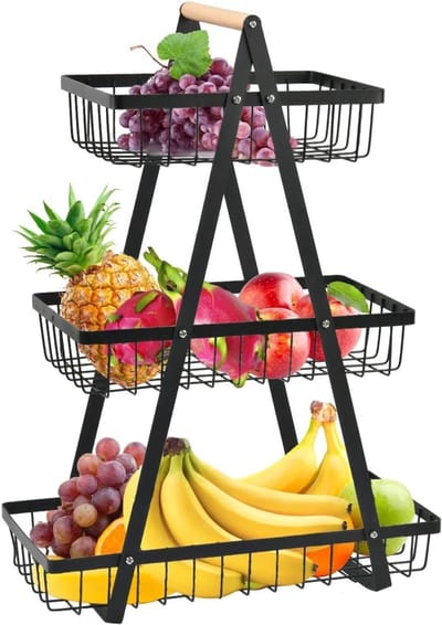 Drie-laags fruitmand voor het bewaren van fruit, groenten en snacks in de keuken of op kantoor met verwijderbare houder en schroevendraaier