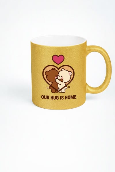 Gouden Glitter Mok 'Our Hug Is Home' met Knuffelende Beertjes | Romantisch Liefdes Cadeau