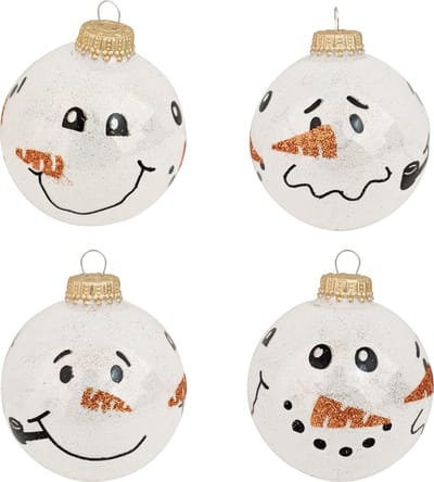 4x Luxe glitter witte glazen kerstballen sneeuwpoppen 7 cm - Kerstversiering/kerstdecoratie wit