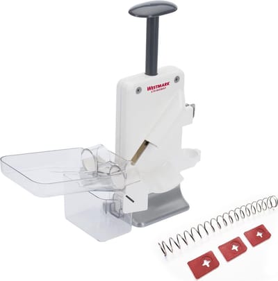 Kersen double ontpitter en pruimenWestmark dubbele kersenontpitter en pruimontpitter, extra snel: 2 kersen tegelijk, inclusief set slijtdelen, 4 stuks, kunststof/RVS/aluminium, Steinomat, wit/zilver, 406022E6