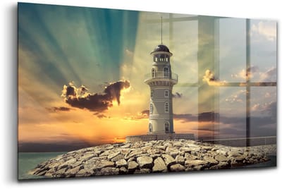 Wallfluent Glasschilderij - Vuurtoren op zee Schilderij Op Glas - 100x50 cm - Blauw Horizontale muurfoto - Architectuur Foto In Glas - Foto Glas - Glas Foto