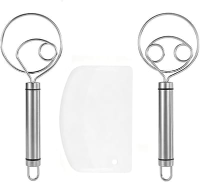 Set van 2 roestvrijstalen deegkloppers met 1 deegschraper, ideaal voor brood, taarten en gebak, handmatige keukenhulp voor perfect deeg en eieren (21,5 cm)