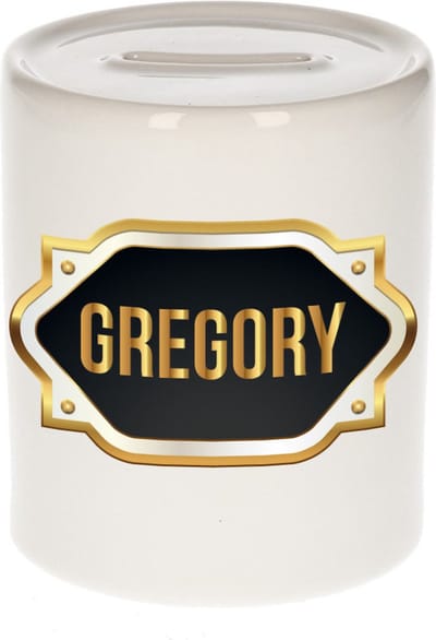 Spaarpot met voornaam Gregory - wit - met goud/zwart embleem - 8 x 9 cm - keramiek - met afsluitdop - cadeau verjaardag