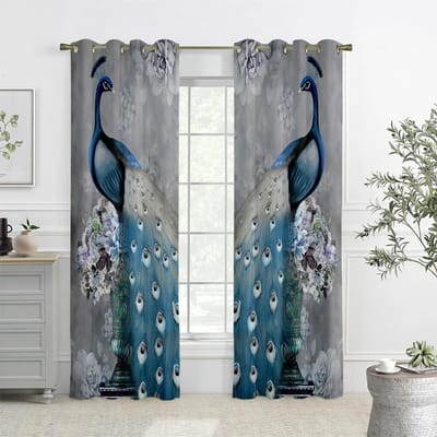 Retro Groene Pauwenprint Gordijnen, Decoratieve Gordijnen in Chinese Stijl op Maat, Geschikt voor Woonkamer, Slaapkamer en Keuken 2 STUKS W50xH140(CM)x2PCS&Rod pocket gray
