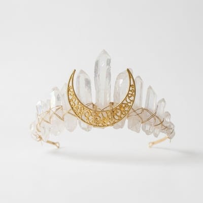 Transparant kristallen tiara met goudkleurige maan hanger – diadeem voor dames – fantasy hoofdband met edelsteen look en maanmotief – geschikt voor festivals, bruiloften en fotoshoots