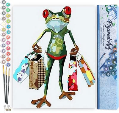Figured'Art Schilderen op Nummer Volwassenen canvas Kikker komt terug van winkelen - Handwerk acrylverf Kit DIY Compleet - 40x50cm zonder frame