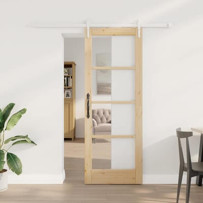 vidaXL - Schuifdeur - 73,5 - x - 198,5 - cm - Massief - grenenhout - en - glas - Naturel