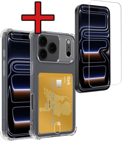 Hoesje - Geschikt voor iPhone 17 Pro / 18 Pro - Met Screenprotector - Pashouder - Kaarthouder - Back Cover - Telefoon Hoes Shockproof - Siliconen Case - Shock Proof - Pasjes Houder - Telefoonhoes - Transparant
