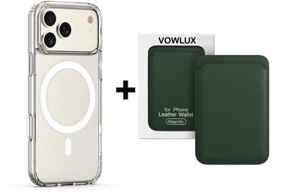 VOWLUX Compatible MagSafe Hoesje voor iPhone 17 Pro Transparant – Inclusief Groen Wallet Pasjeshouder – 24 Magneten – Kunstleer – 3 Kaarten – Shockproof Case