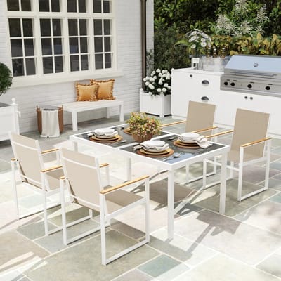 Pugsdrly 5-delige eetset, buitentafel van hardglas, 4 stoelen, weerbestendig, stalen frame, terrasmeubels, meerkleurig