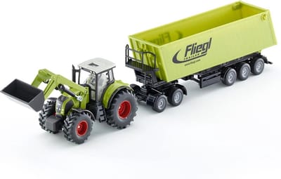 SIKU 1949, Claas Axion-tractor met voorlader, dolly en kiepwagen, 1:50, metaal/kunststof, groen, beweegbare graafbak en arm, kiepwagen