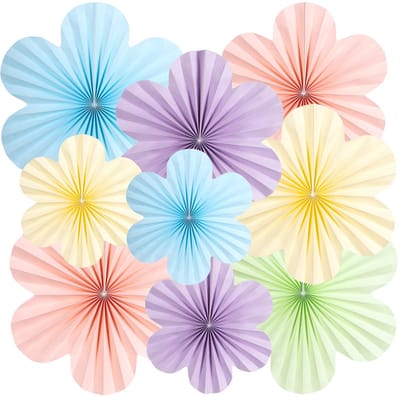 Set van 9 papieren waaiers in ventilatorvorm, hangende decoratie blauw roze lila bloemen, papieren ventilatoren lichtgeel groen, decoratieset voor feest, bruiloft, verjaardag