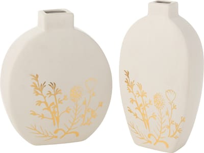 J-Line vaas Bloem Tekening - porselein - goud/wit - large - 2 stuks - 15x 28 cm