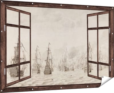 Gards Tuinposter Doorkijk De Zeeslag tegen de Spanjaarden bij Duinkerken - Willem van de Velde - 180x120 cm - Tuindoek - Tuindecoratie - Wanddecoratie buiten - Tuinschilderij