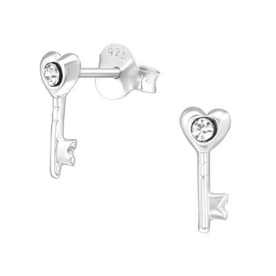 Joy|S - Zilveren hartje - sleutel oorbellen - 4 x 10 mm - kristal