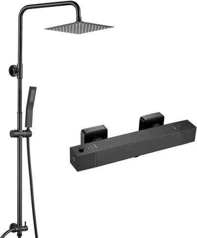 Auralum Max Regendouche met Thermostaatkraan - Zwart Doucheset - 8 inch Douchekop - RVS Regendoucheset - Verstelbare Hoogte 72-110 cm - Waterbesparend - Zwart