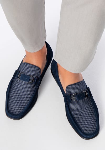 Wittchen Heren Marineblauwe Geruite Stoffen Mocassins met Suède Leer