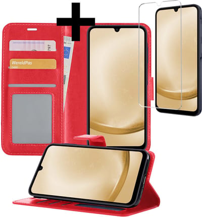 Hoesje - Met Screenprotector - Geschikt voor Samsung Galaxy A25 - Luxe Pasjeshouder - Bookcase Portemonee - Flip Case - Kunstleer Book Case - Flipcase - Book Cover - Walletcase - Portemonneehoes - Telefoonhoesjes - Rood