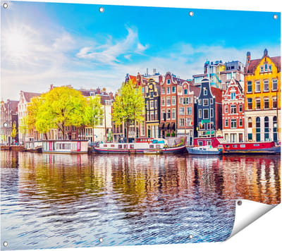 Gards Tuinposter Amsterdamse Huisjes aan het Water - 120x90 cm - Tuindoek - Tuindecoratie - Wanddecoratie buiten - Tuinschilderij