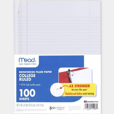 Losbladig Papier, College Ruled, 3 Gaten Gemaakt, Versterkte Rand, 300 Vel (3 Pak)