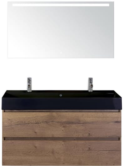 Maxx XL Badmeubelset 120 cm - Tabacco - Wastafel Kube Enkel Zwart 2 Kraangaten met LED Spiegel