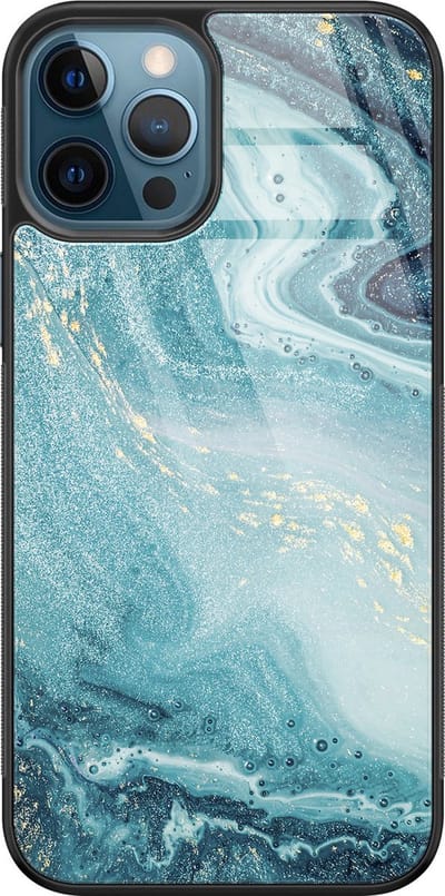 Hoesje geschikt voor iPhone 12 - Marmer blauw - Luxe Glazen Hardcase - Marmer - Blauw - Leuke Telefoonhoesjes