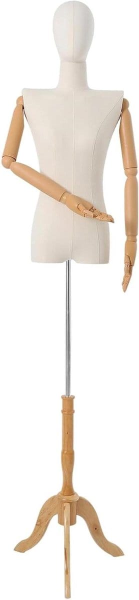 Vrouwelijke Etalagepop - Paspop Jurk - Kleding Presenteren - Draaibare Kop Flexibel - 155-200 cm - Beige Houtkleur