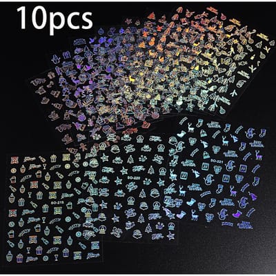 10 pièces Autocollants 3D pour Nail Art, Série de Noël Européenne et Américaine Flocons de Neige Cloches Élan Autocollants Laser pour Ongles, Des Centaines de Décorations pour Ongles Pack of 10