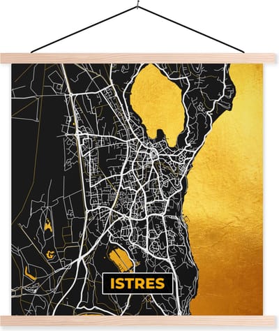 Posterhanger incl. Poster 40x40 cm - Schoolplaat - Istres - Stadskaart – Plattegrond – Kaart – Frankrijk - Textielposter - Blanke latten - Stadskaart