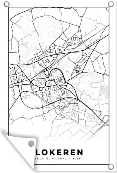 Muurdecoratie België – Lokeren – Stadskaart – Kaart – Zwart Wit – Plattegrond - 120x180 cm - Tuinposter - Tuindoek