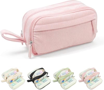 SnelShoppen - Pencil Case voor Meisjes en Tieners met Grote Capaciteit, 3 Compartimenten, Roze Corduroy Etui voor School en Kantoor