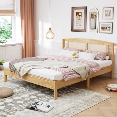 Tweepersoonsbedden - 160x200cm - Rattan Dubbelbed Met Lattenbodem en Middenpoot - Rattankussen - Kiefer + PE-Rattan - Natuurlijk