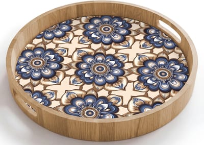 Dienblad rond 40x40 cm - Schootdienblad hout - Floraal - Ornament - Blauw - Borrelplank rechthoek - Plateau houten dienbladen